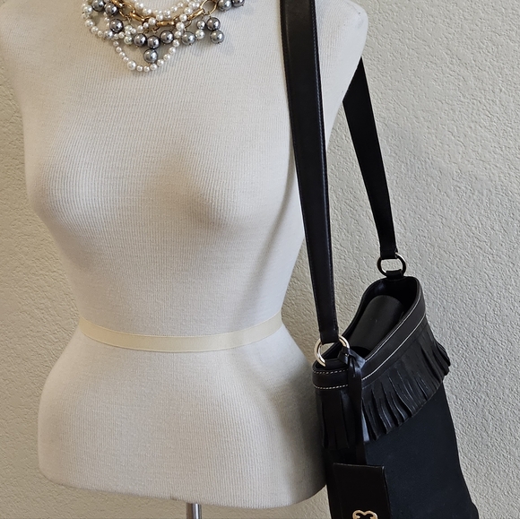 Escada Black Canvas FRINGE Leather Trim Shoulder Bag Interior Snap Closure Inter - Picture 15 of 16